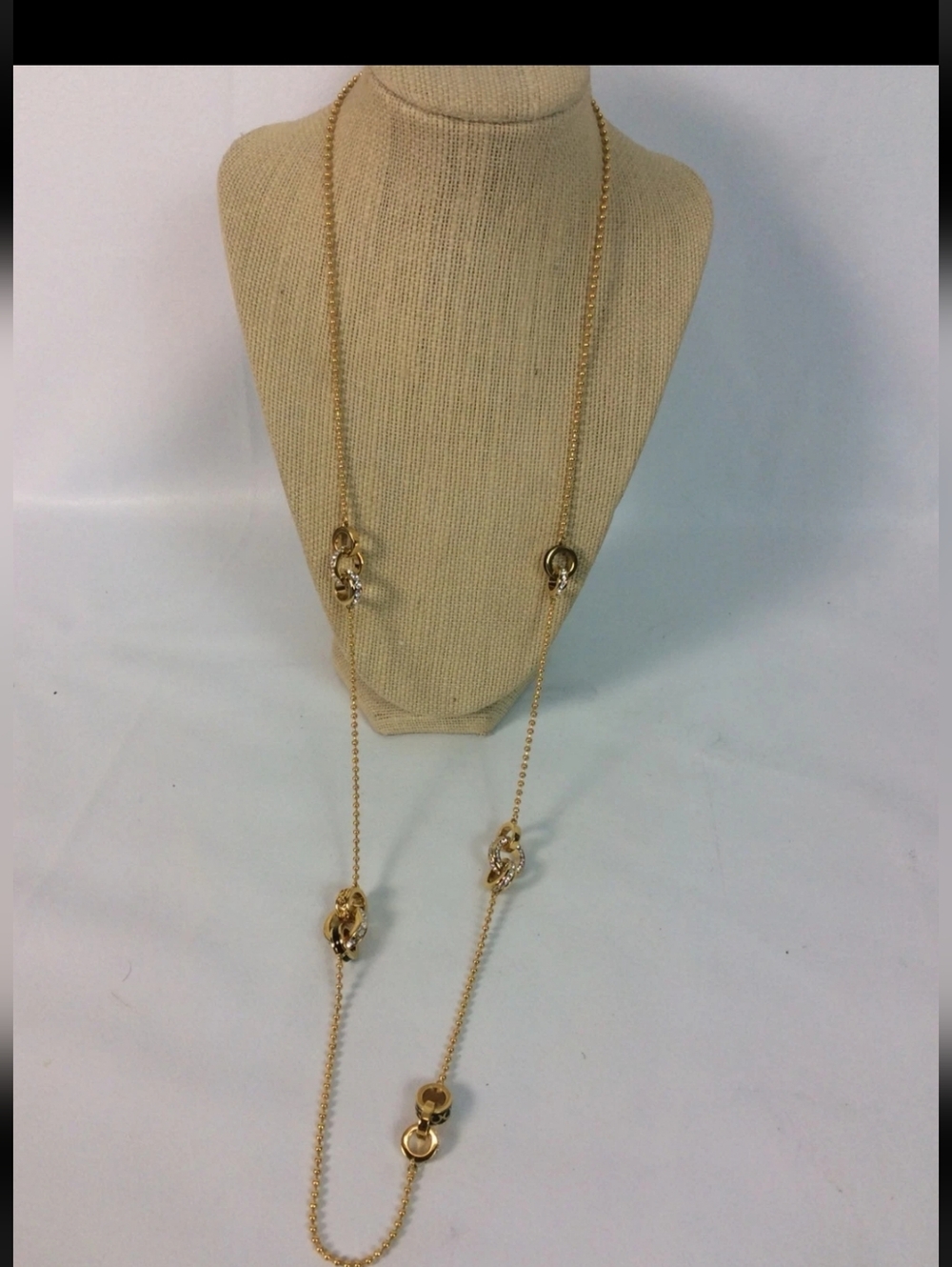 Coach Necklace Black Enamel Crystal Hoops Gold Tone